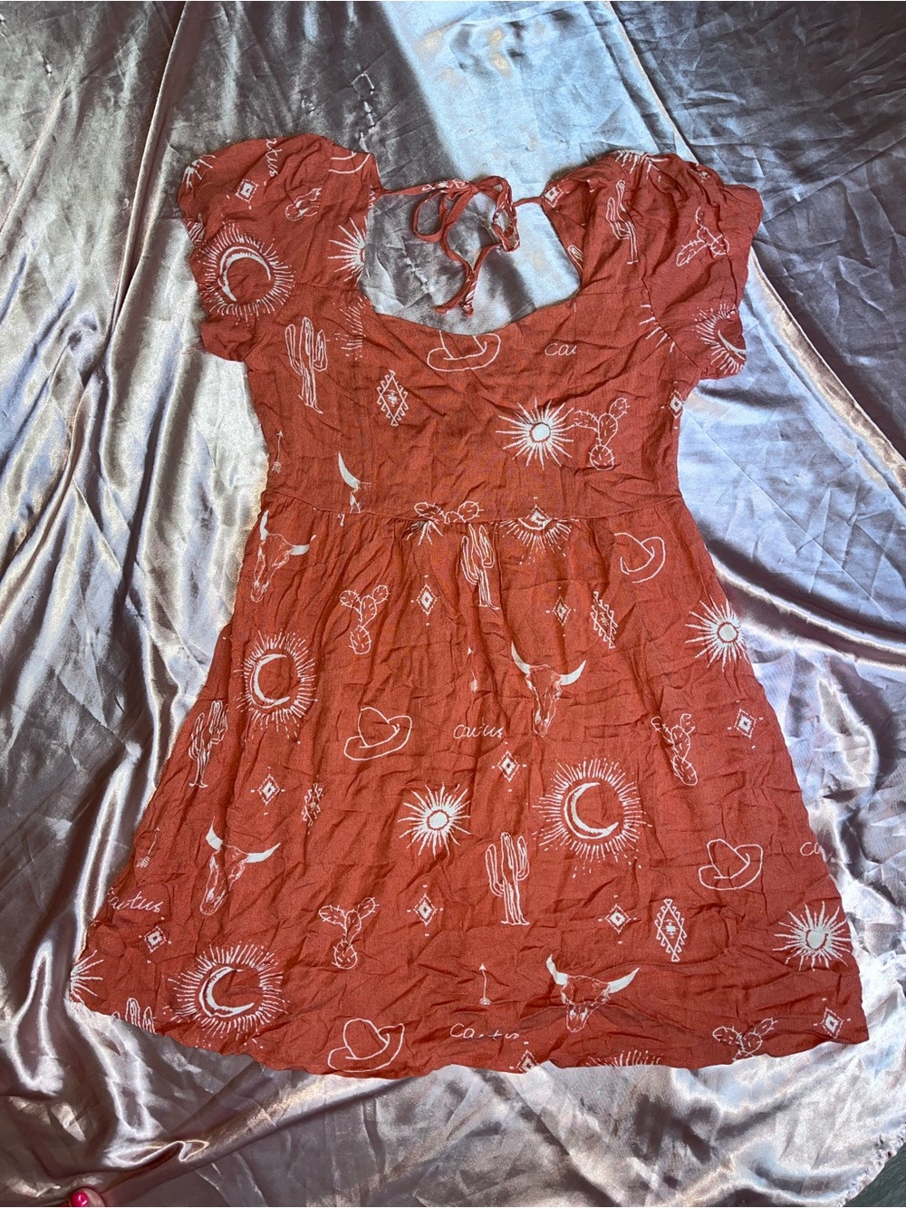 Wild Moss Rust Red Western Printed Dress - Square Neck, Puff Sleeve